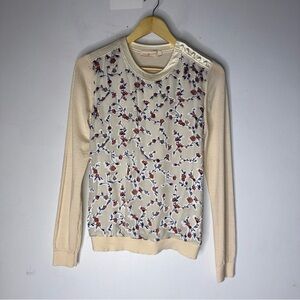 Tory Burch Marcella Merino Wool Silk Floral Front Panel Sweater Cream Medium